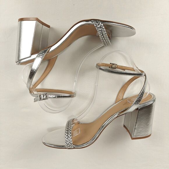 Jewel Badgley Mischka Suri Silver Metallic Block Heel Sandal Size 10 Party Comfy - Picture 7 of 10